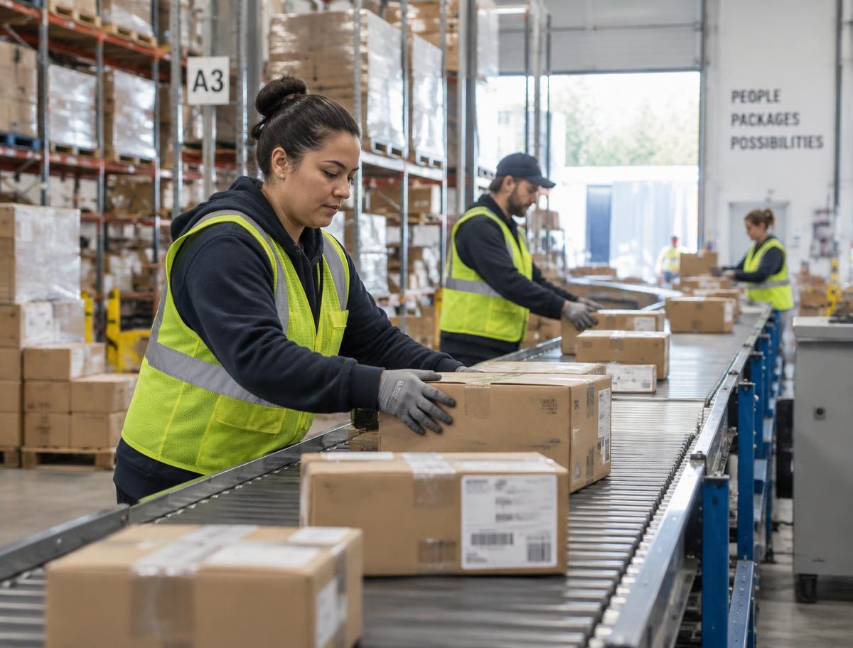 Warehouse team sorting parcels on a conveyor belt