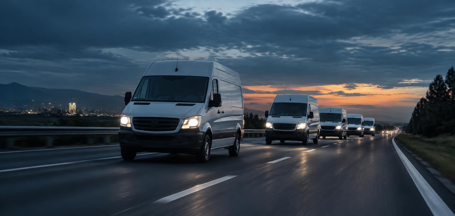 Fleet of delivery vans moving along a highway