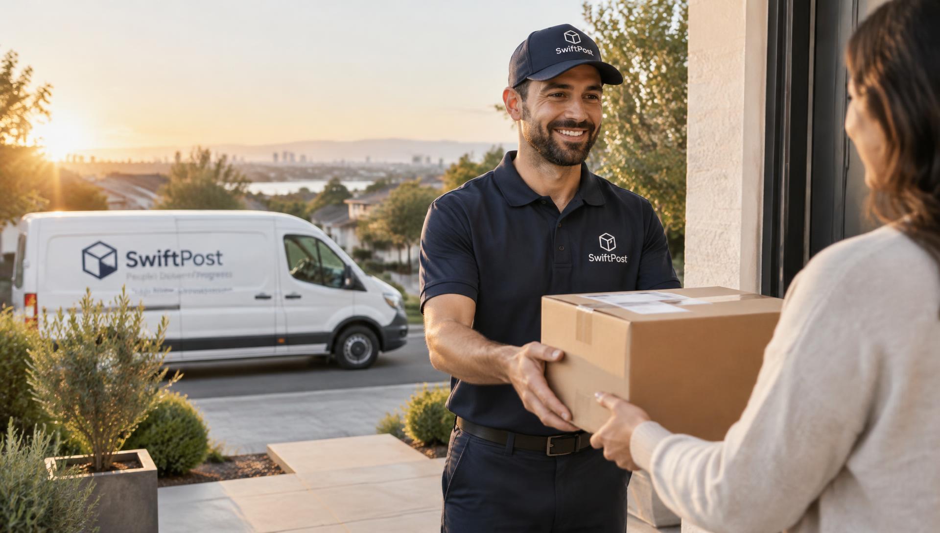 Courier handing a parcel to a customer beside a delivery van