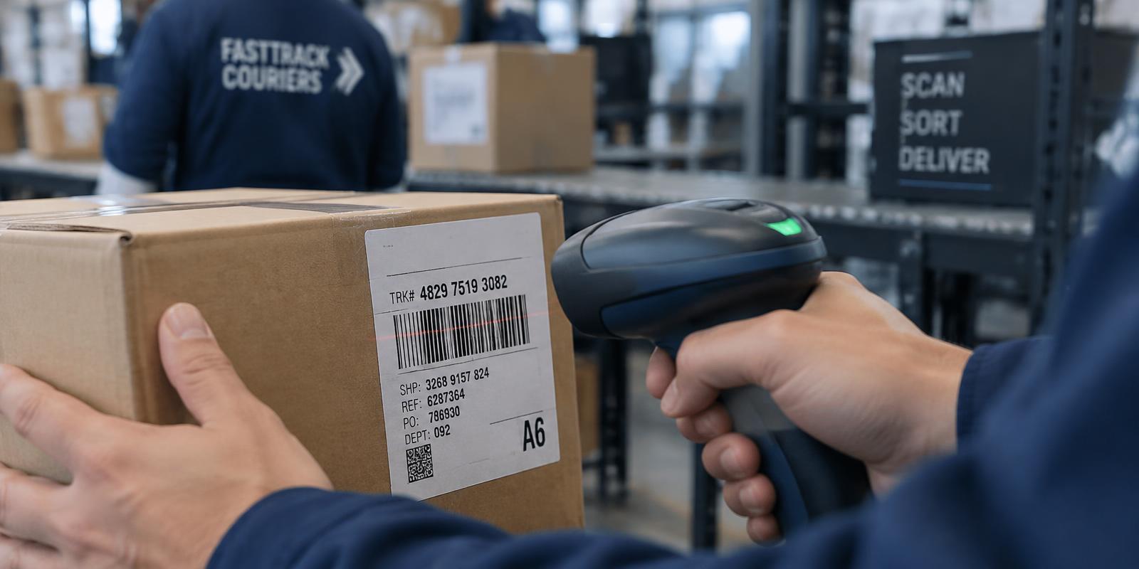 Courier scanning a barcode label on a parcel